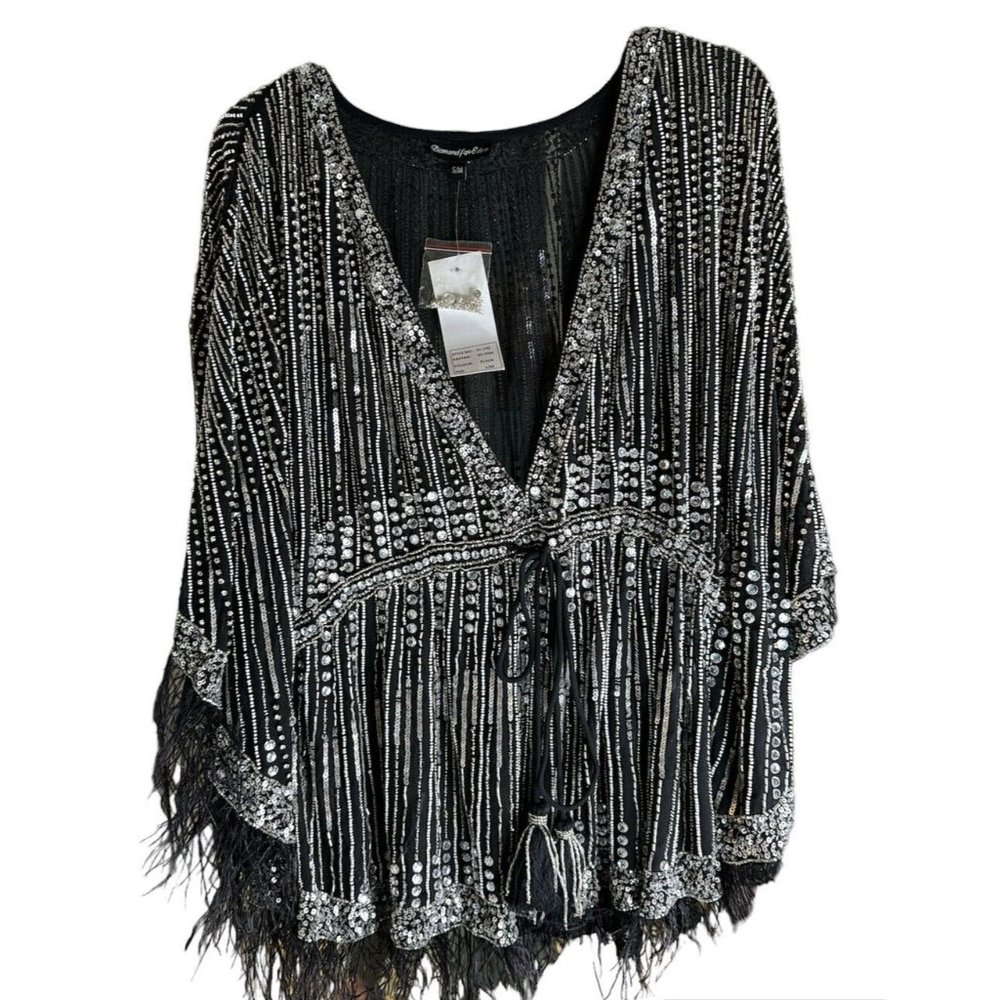 Diamond For Eden NWT Black & Silver Sequined Evening Top With Feathers Size S/M